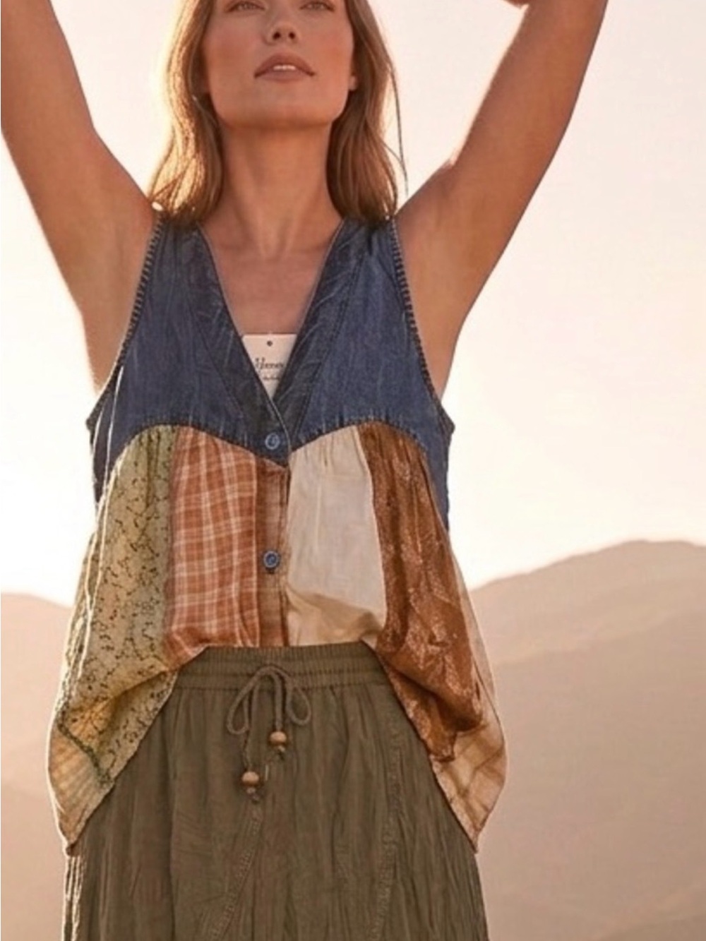 Young Threads Patchwork V-Neck Sleeveless Top in Blue and Earth Tones